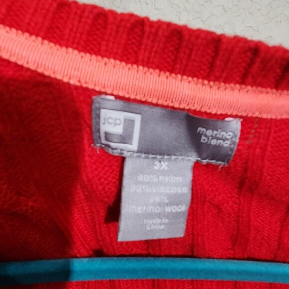 jcp Sweater Womens 3X Red Merino Wool Blend Cable Knit V Neck Pullover Plus - Picture 3 of 12